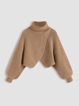 Cider - High Neck Solid Knitted Long Sleeve Crop Sweater