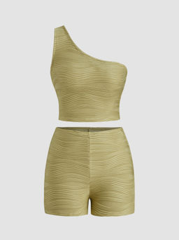 Cider - Asymmetrical Neck Crop Top & Shorts Matching Set