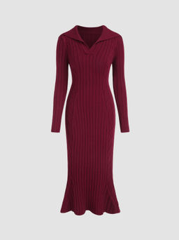 Cider - Knit Cable V-neck Solid Mermaid Midi Dress