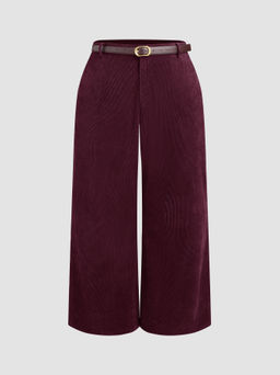 Cider - Corduroy Middle Waist Pocket Straight Leg Trousers With Belt Curve & Plus