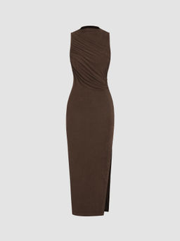 Cider - Jersey High Neck Sleeveless Solid Split Maxi Dress