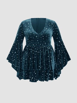 Cider - Velvet V-neck Star & Moon Pattern Bell Sleeve Romper Curve & Plus