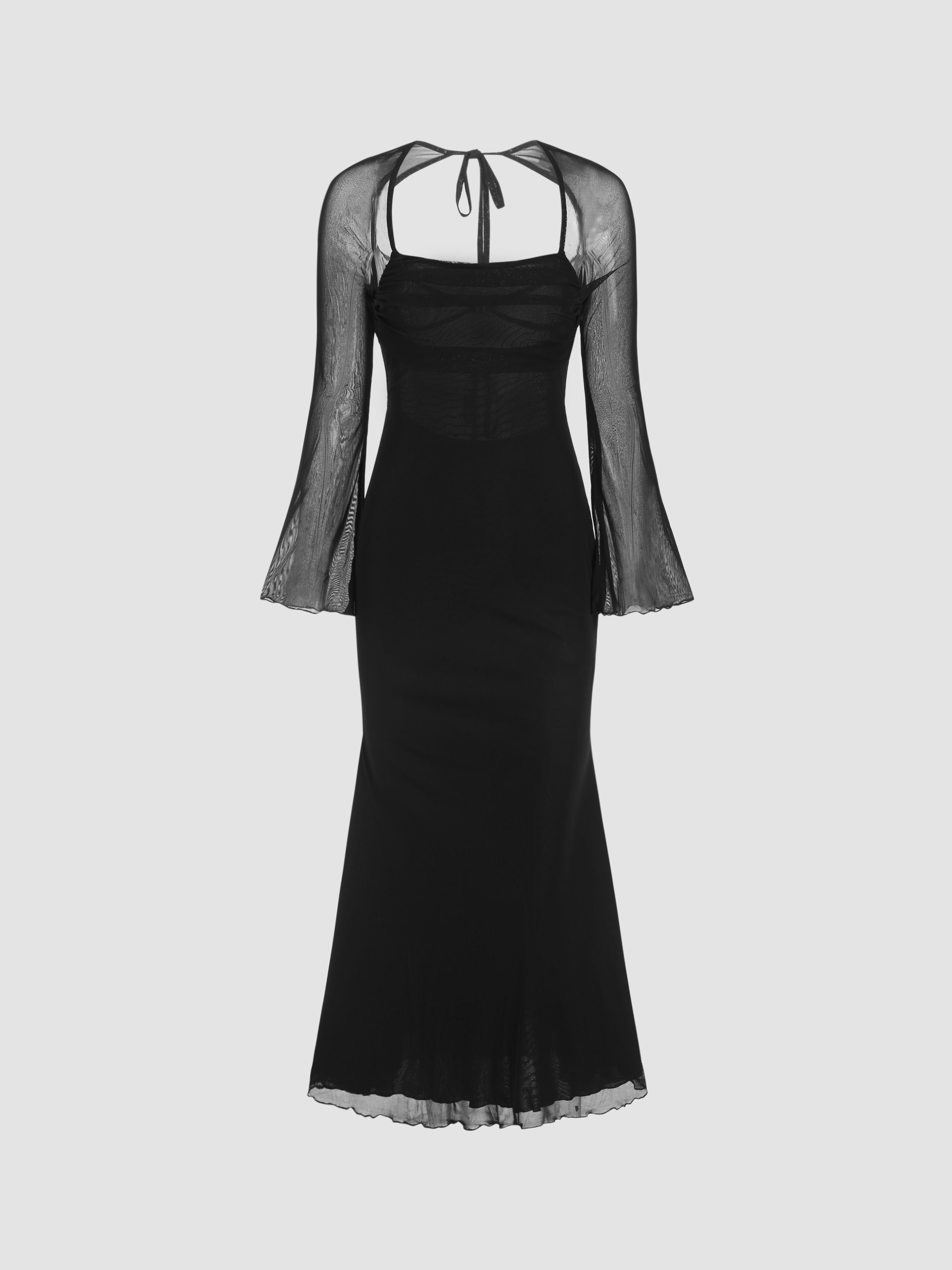 Mesh Square Neck Solid Drawstring Maxi Dress