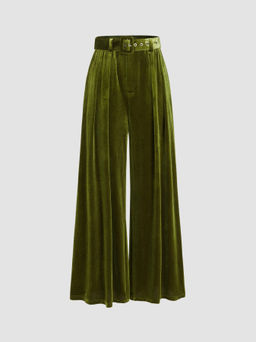 Cider - Velvet Mid Waist Pocket Wide Leg Trousers With Belt