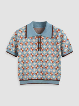 Cider - Knit Collar Geometric Button Short Sleeve Top