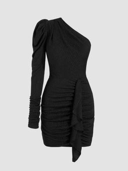 Cider - Metallic One Shoulder Asymmetrical Neck Ruched Mini Dress