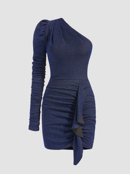 Cider - Metallic One Shoulder Asymmetrical Neck Ruched Mini Dress
