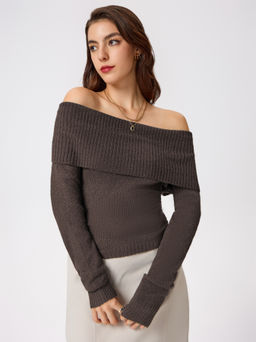 Cider - Off-shoulder Knitted Long Sleeve Top