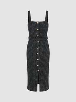 Cider - Tweed Square Neck Solid Button Midi Dress