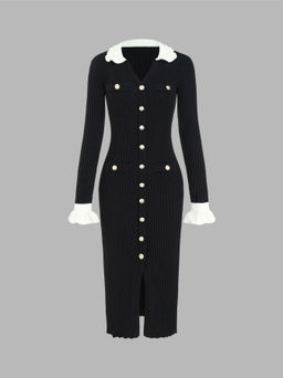 Cider - V-neck Ruffle Button Knitted Midi Dress