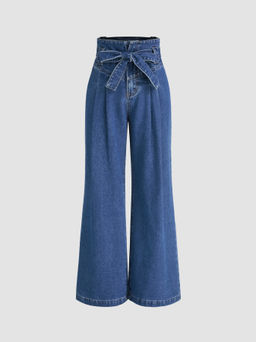 Cider - High Waist Solid Bowknot Wide Leg Jeans