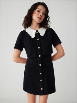 Cider - Tweed Collar Solid Lace Mini Dress