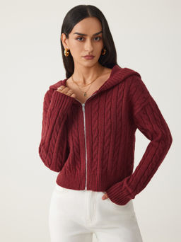 Cider - Cable Knit Zipper Hooded Cardigan