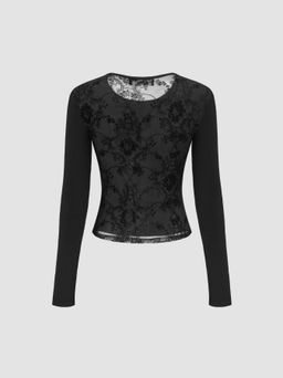 Cider - Floral See-Through Back Patchy Long Sleeve Top