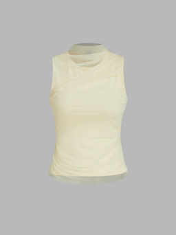 Cider - Mesh Patchy Turtle Neck Solid Ruched Crop Top