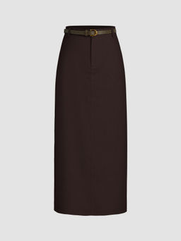 Cider - Linen-blend Mid Rise Solid Midi Skirt With Belt