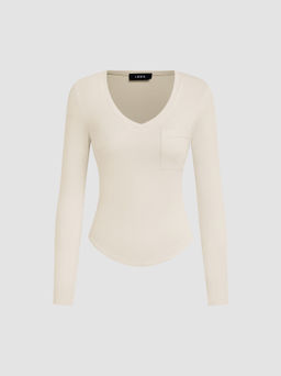 Cider - V-neck Solid Pocket Long Sleeve Tee