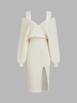 Cider - Knit Off-Shoulder Wrap Lace Split Midi Dress