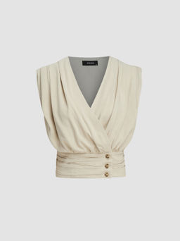 Cider - V-neck Ruched Button Corset Solid Tank Top