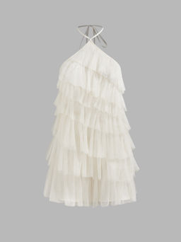 Cider - Mesh Glitter Halter Layered Ruffle Hem Mini Dress