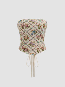 Cider - Strapless Floral Lace Up Zipper Corset Tube Top