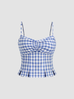 Cider - Woven V-neck Gingham Shirred Cami Top