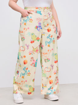 Cider - Corduroy Mid Rise Animal & Fruit Graphic Pocket Wide Leg Trousers Curve & Plus