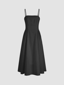 Cider - Woven Square Neck Solid Ruffle Hem Midi Dress