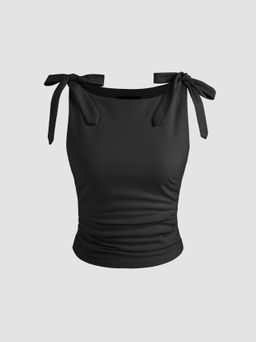 Cider - Jersey Scoop Neckline Solid Bowknot Ruched Crop Tank Top