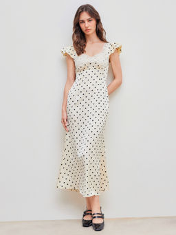 Cider - Woven Sweetheart Polka Dot Lace Trim Maxi Dress
