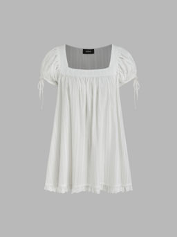 Cider - 100% Recycled Cotton Square Neck Solid Ruffle Knotted Short Sleeve Blouse