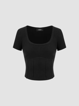 Cider - Cotton-blend Round Neckline Solid Corset Short Sleeve Tee