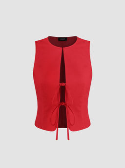 Cider - Linen-blend Round Neckline Solid Knotted Cut Out Top