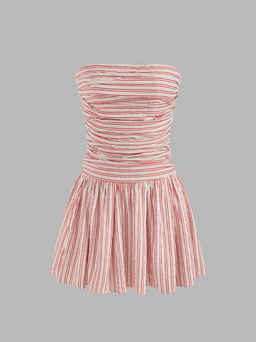 Cider - Strapless Striped Shirred Ruched Tube Mini Dress
