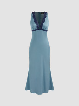 Cider - V-neck Solid Lace Trim Cut Out Maxi Dress