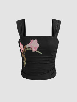 Cider - Mesh Square Neck Floral Ruched Crop Tank Top