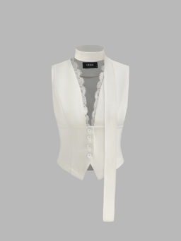 Cider - V-neck Solid Lace Trim Blazer Vest With Scarf