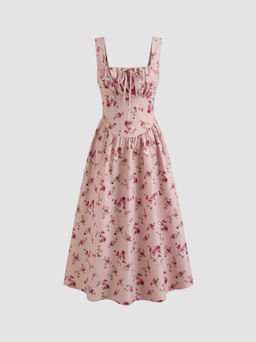 Cider - Square Neck Floral Knotted Midi Dress