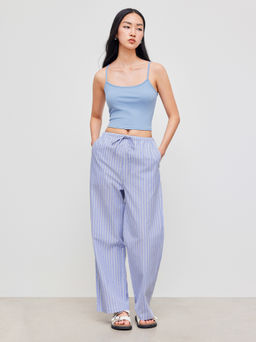 Cider - Scoop Neckline Solid Crop Cami Top With Mid Rise Striped Knotted Wide Leg Trousers