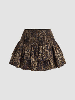 Cider - Mid Rise Leopard Shirred Layered Mini Skirt