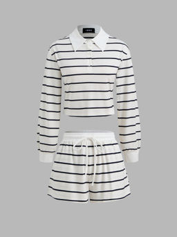 Cider - Collar Striped Long Sleeve Crop Top With Mid Rise Striped Knotted Wide Leg Shorts