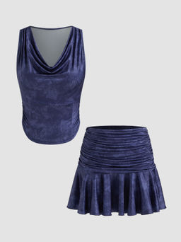 Cider - Cowl Neck Abstract Ruched Crop Tank Top & Low Rise Ruched Ruffle Mini Skirt Set