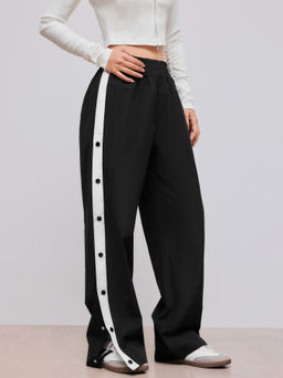 Cider - Mid Rise Solid Contrasting Binding Button Straight Leg Pants
