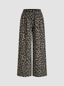 Cider - Mid Rise Elastic Waist Leopard Wide Leg Trousers