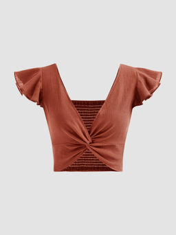 Cider - 100% Cotton V-neck Solid Twist Shirred Crop Top