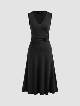 Cider - V-neck Solid Ruched Ruffle Midi Dress