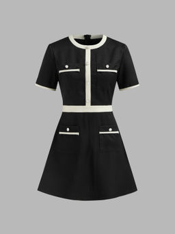 Cider - Tweed Round Neckline Contrasting Binding Pearl Button Mini Dress