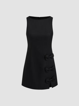 Cider - Boat Neckline Solid Bowknot Mini Dress
