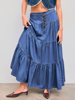 Cider - Denim High Rise Solid Tiered Button Pocket Maxi Skirt