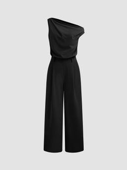Cider - Asymmetrical Neck Solid Pocket Wide Leg Jumpsuit